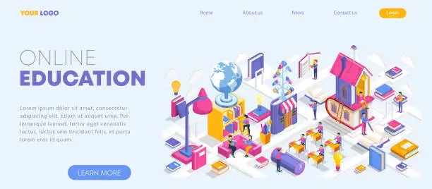 Vector illustration of Flat design isometric online education concept. Landing page template for training courses, tutorials, and lectures. Vector illustration for web banner and website.