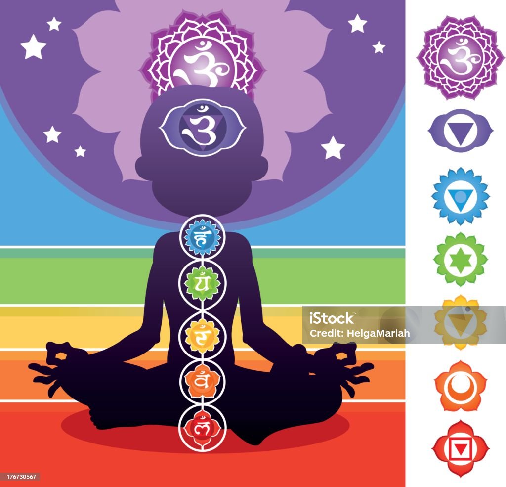 Niño en posición de loto Yoga silueta - arte vectorial de Chakra libre de derechos