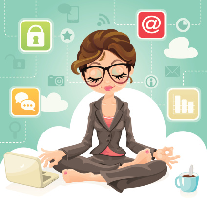 Xtra-Version included! Vector illustration of a business woman sitting cross-legged with laptop and coffee cup meditating about cloud computing. Illustration is layered for easy editing.