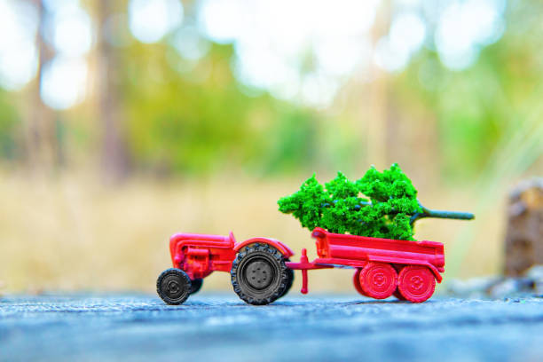 istock Mini Tractor Laden with Petite Green Tree in a Woodland 1767306620