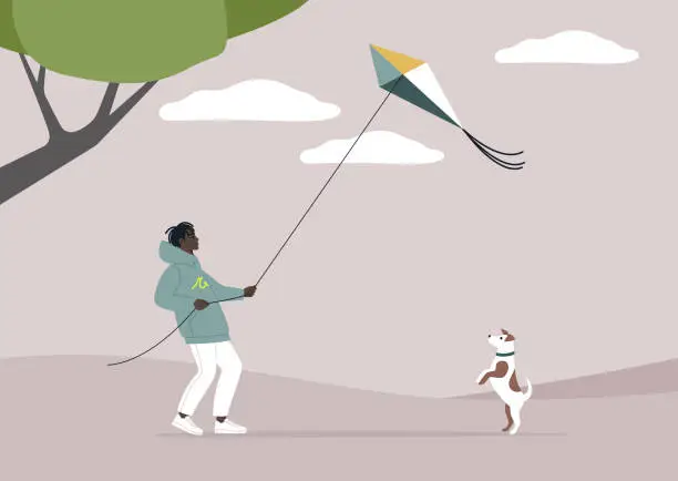 Vector illustration of A young character flying a kite on a windy day while enjoying quality time with their jack russel puppy