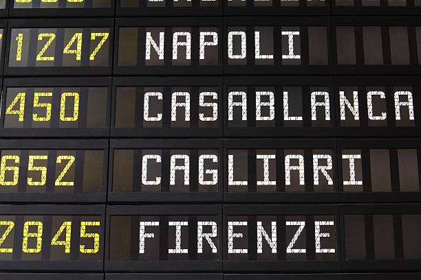 Flight destinations Departure schedule at an airport in Italy. Flights to Naples, Casablanca, Cagliari and Florence. No airlines symbols visible. florence italy airport stock pictures, royalty-free photos & images