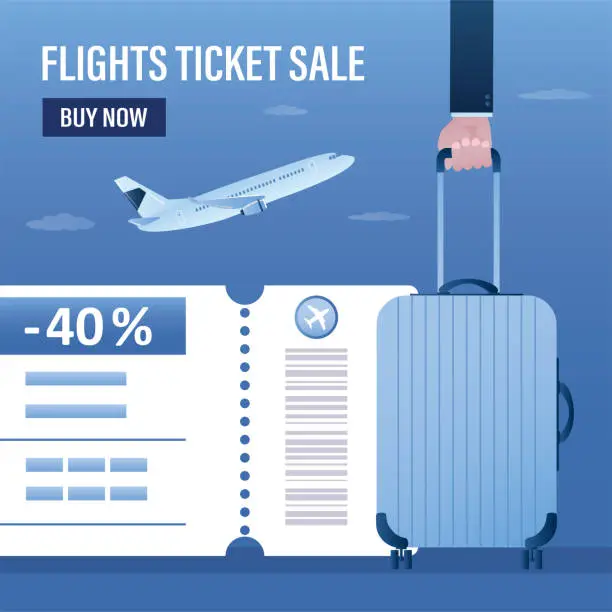 Vector illustration of Flights ticket sale, landing page template. Hand of tourist holds luggage, airplane takeoff. Part of boarding pass with big discount. Low fares, cheapest flights concept.