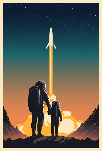 Human space exploration poster. Two astronauts, an adult and a kid, holding hands, standing on the surface of just discovered planet with a spaceship taking off.