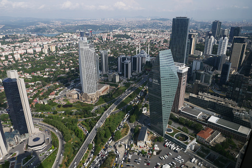 Aerial view of Mexico city and a mexican flag in Mexico.