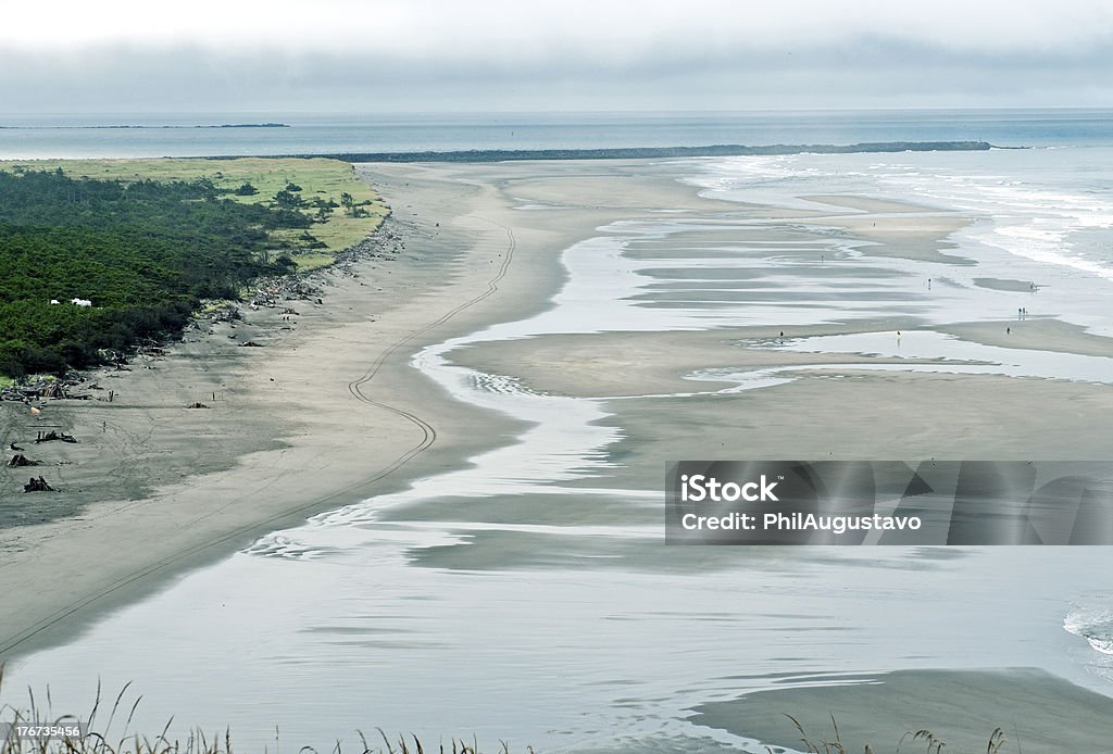 Areia da praia do Rio, onde o mar encontra no estado de Washington - Foto de stock de Acampar royalty-free