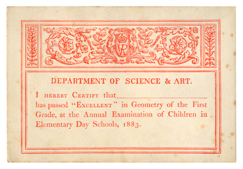 An old British geometry certificate from 1883. The child (name removed) passed as ‘Excellent’ at the Annual Examination of Children in Elementary Day Schools.