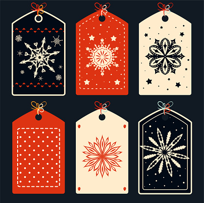 Set of eye-catching Christmas card, banner, background, flyer, placard with snowflakes. Collection of gift tag, label or poster template with in red, black and ivory colors. Vector illustration EPS8