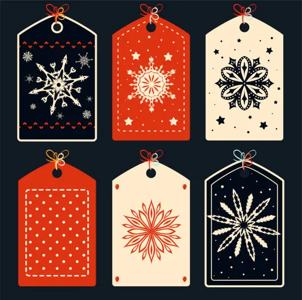 Vector illustration of Set of eye-catching Christmas card, banner, background, flyer, placard with snowflakes. Collection of gift tag, label or poster template with in red, black and ivory colors. Vector illustration EPS8