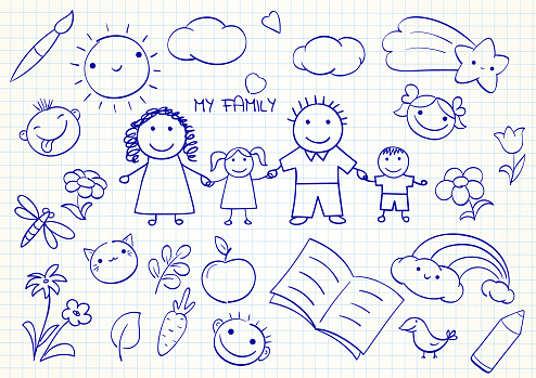 My family. Set of cute hand drawn sketches. Collection of funny sketch on notebook page - mom, dad, son and daughter. Love, parenthood, childhood and relationship concept. Vector illustration EPS8