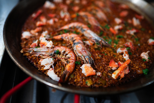 Spanish seafood paella with shrimp
