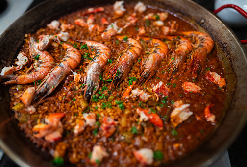 Spanish seafood paella with prawns (gambas)