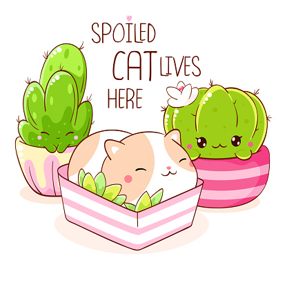 Cute fat cat sleeping in flower pot. Inscription Spoiled cat lives here. Lovely kitty and cactus in kawaii style. Can be used for t-shirt print, stickers, greeting card. Vector illustration EPS8