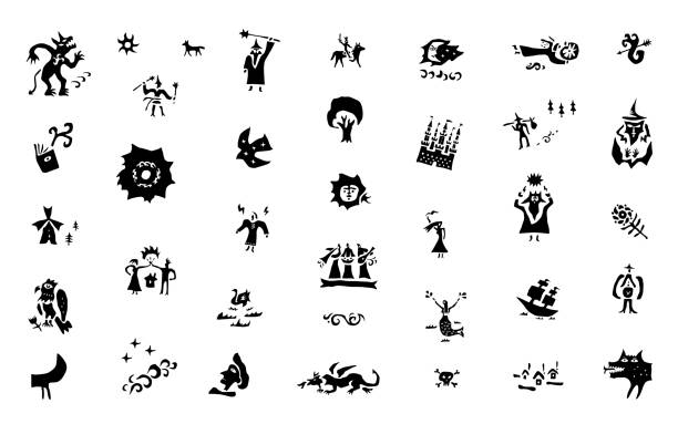 illustrations, cliparts, dessins animés et icônes de ensemble d’icônes vectorielles de conte de fées, signes de personnages et symboles histoire fond graphique couverture de livre - wizard horror spooky knight