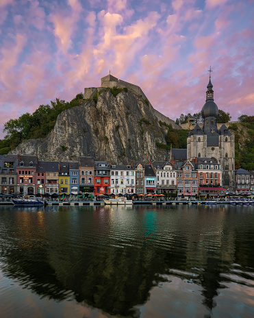 Panoramic of Dinant at the sunrise in summer, color full, epic sky, the pic was taken with Canon R5, Canon 24-105mm, tripod