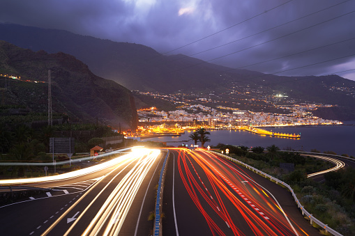 Long exposure photography taken by a bridge over a highway in La Palma island, close to Santa Cruz de La Palma city, Canary Islands