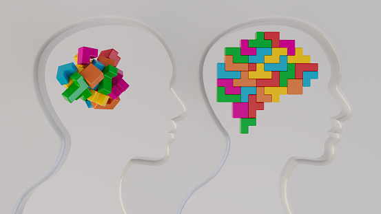 Human head with colorful brain bricks represent the concept of rational and irrational thinking, different perspectives, and the creative business concept of teamwork.