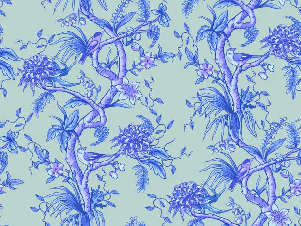 Vector illustration of Seamless chinoiserie pattern with branches, flowers and birds. Vector.