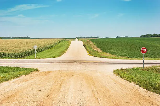 Photo of Crossroads Intersection of Lonely Country Gravel Road with Highway, Fields