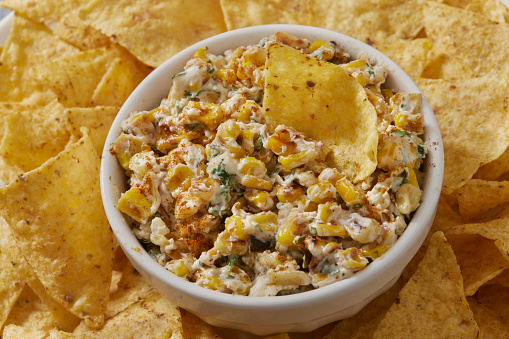 Grilled Mexican Street Corn Dip with Jalapeno Peppers and Tortilla Chips