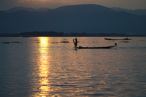 Sunset on Inle Lake in Myanmar, Burma