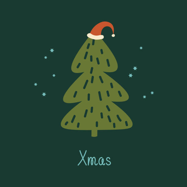 Christmas tree card hand drawn flat vector illustration. Drawn in minimalist style spruce, snowflakes, text. Festive background template for congratulations with winter holidays, Xmas, Happy New Year Christmas tree card hand drawn flat vector illustration. Drawn in minimalist style spruce, snowflakes, text. Festive background template for congratulations with winter holidays, Xmas, Happy New Year.Design element rockefeller center illustration stock illustrations