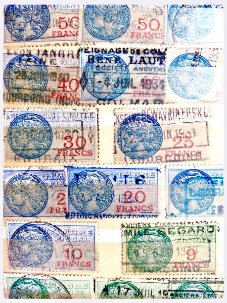 Macro photograph collection of antique French postage stamps