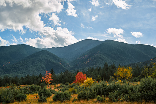 Autumn landscape, view of the Pirin Mountains on an autumn day, change of seasons in the foothills. Multi-colored foliage on the mountain slopes is a premonition of the approaching winter.
