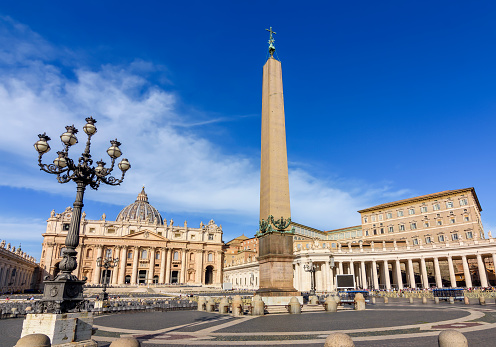 Vatican - 06 October 2022: St Peter's basilica and Egyptian obelisk on St Peter's square in Vatican