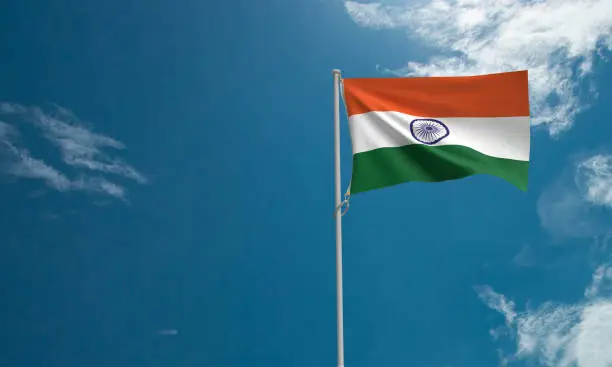 Photo of Republic india orange white green yellow color flag blue sky background copy space national country government politic freedom celebration festival agreement asia south travel business economy india