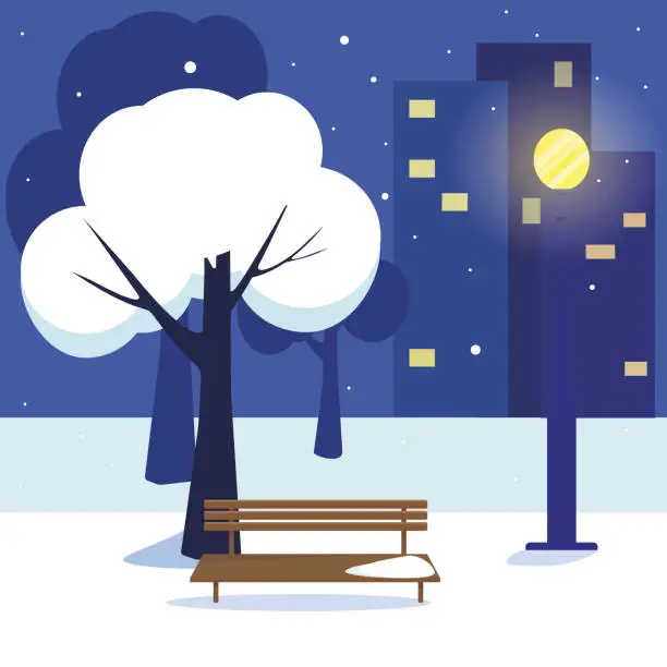 Vector illustration of Winter night in a city park. Vector illustration.