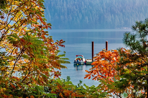 Early autumn. A pier surrounded by yellow and green trees in Deep Cove Park. Motor bot at the pier Sea and mountains, harbor against the backdrop of a mountain range and a cloudy sky