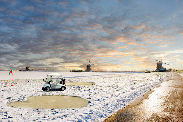 Surrealistic view on a snowed golf course in Winter stock photo