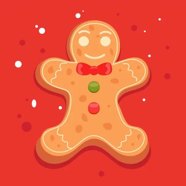 Vector illustration of gingerbread man, new year, christmas, cookies, gingerbread, sweets, holiday. Holiday card for the New Year, gingerbread man on a red background with crumbs.