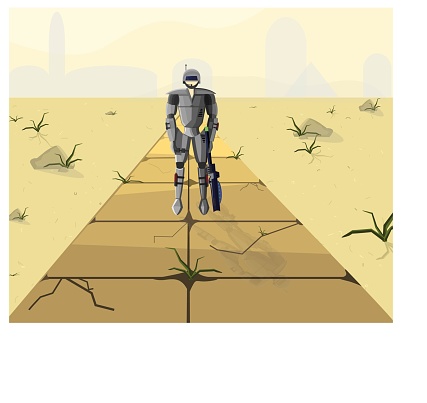 An illustration of a landscape of the future, an anroid man with a rifle, stands on the road, among the sandy landscape. In the background of the city