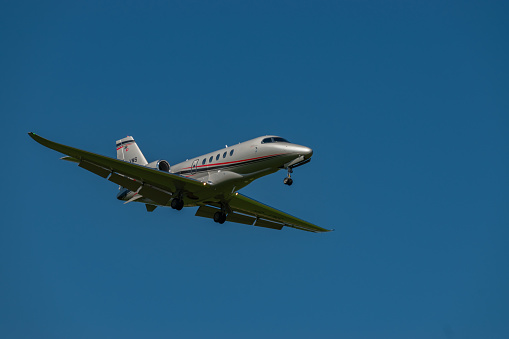 Zurich, Switzerland, September 6, 2023 HB-VMS Cessna 680A Citation Latitude aircraft on its final approach to runway 14