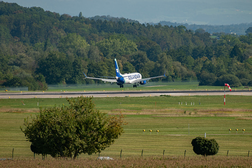Zurich, Switzerland, September 6, 2023 TF-ICF Iceland Air Boeing 737-8 MAX aircraft on its final approach to runway 14