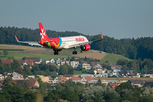 Zurich, Switzerland, September 6, 2023 9H-NEB Air Malta Airbus A320-251N aircraft arrival on runway 14