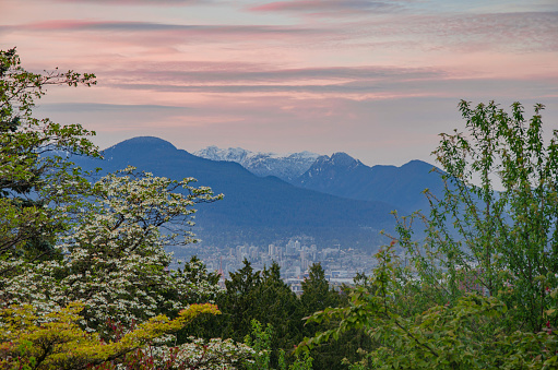 Sunset at Queen Elizabeth Park with views of Vancouver and the North Shore mountains, BC