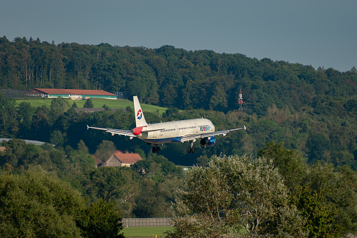Zurich, Switzerland, September 6, 2023 LZ-FSC Fly2Sky Airbus A321-231 aircraft is landing on runway 14