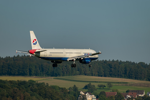 Zurich, Switzerland, September 6, 2023 LZ-FSC Fly2Sky Airbus A321-231 aircraft is landing on runway 14