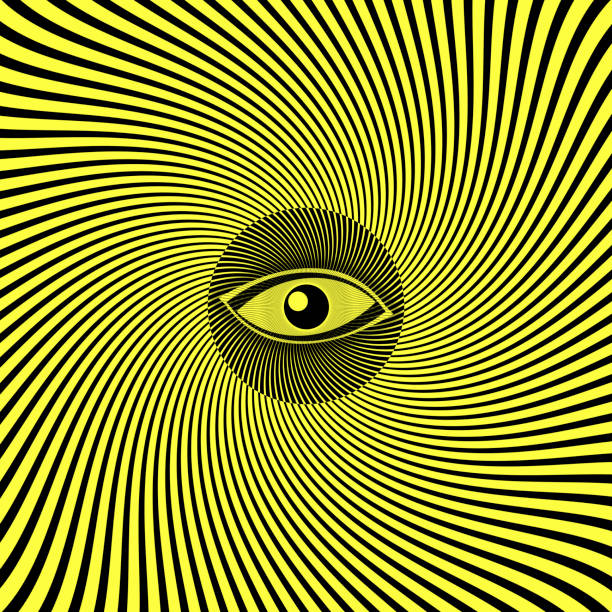 Op Art Eye with Curved Radiating Lines - Yellow and Black - ilustração de arte vetorial