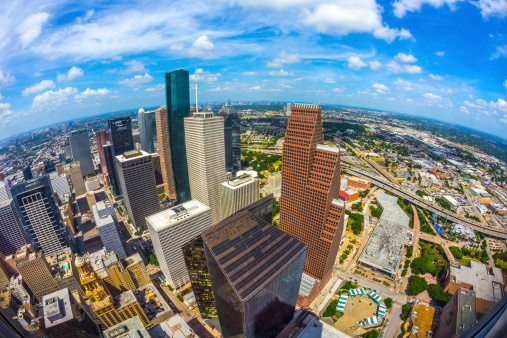 aerial of modern buildings in downtown Houston in daytime