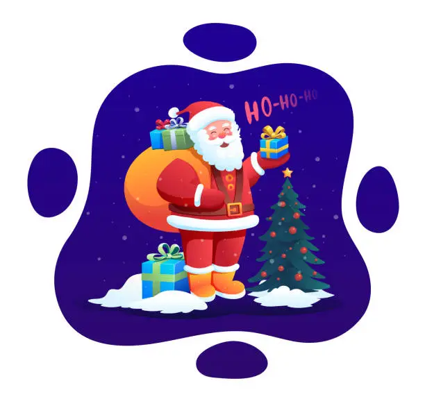 Vector illustration of Cute joyful Santa Claus with gifts near the Christmas tree, Ho Ho Ho, Bubble Frame