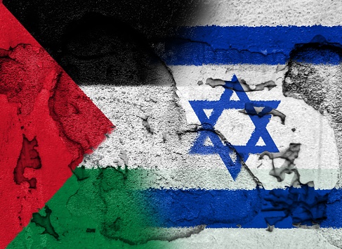 Palestine confrontation with Israel. Concept of flags. War and military.