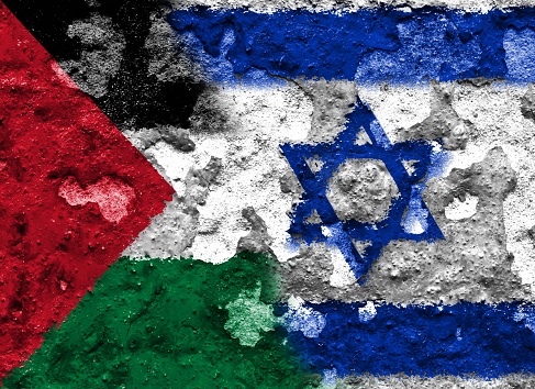 Palestine confrontation with Israel. Concept of flags. War and military.