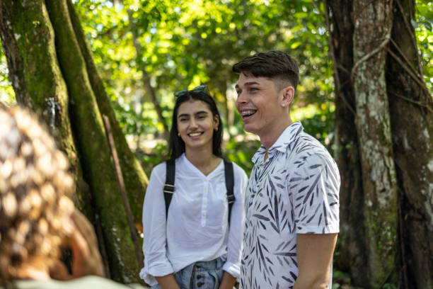 istock Group of friends talking on a forest trail 1767579531