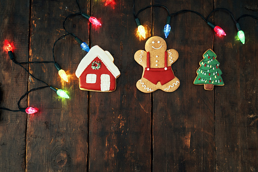 Christmas Decoration with Gingerbread Cookies and Holiday Lights