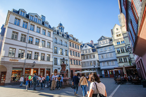 Frankfurt, Germany - September 27, 2023. People visit the Römerberg area in downtown Frankfurt.