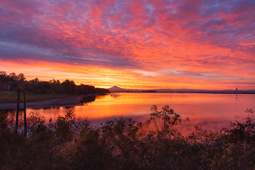 Vibrant colorful sunrise over Mt Hood, Oregon, and the Columbia River, from Vancouver Washington